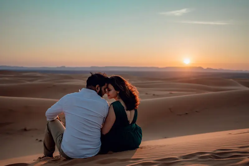 Pareja contemplando el atardecer sobre las dunas del Sahara en un paquete de vacaciones en Marruecos